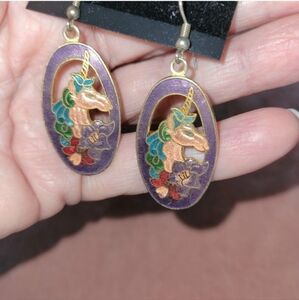 Vintage Cloisonne Enamel Unicorn Dangle Earrings In Purple Green Gold